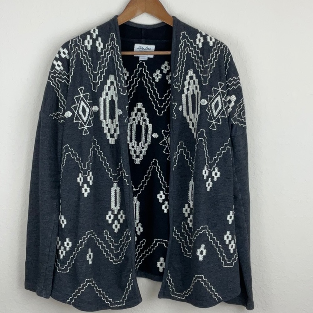 Lucky Lotus Lucky Brand Women’s Medium Gray Aztec Embroidered Open Cardigan